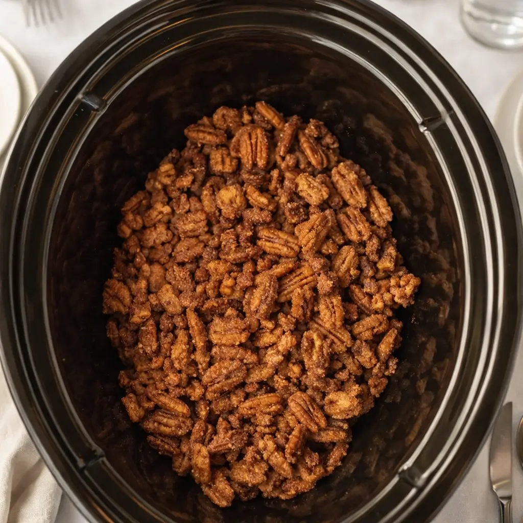 Slow Cooker Candied Pecans in a rustic bowl