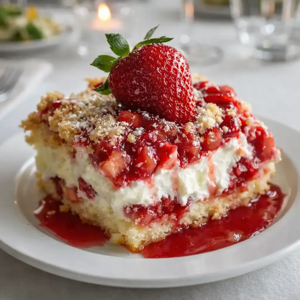 Strawberry Cheesecake Dump Cake with Creamy Swirls fresh from oven