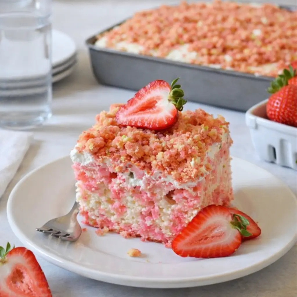 Strawberry Crunch Poke Cake