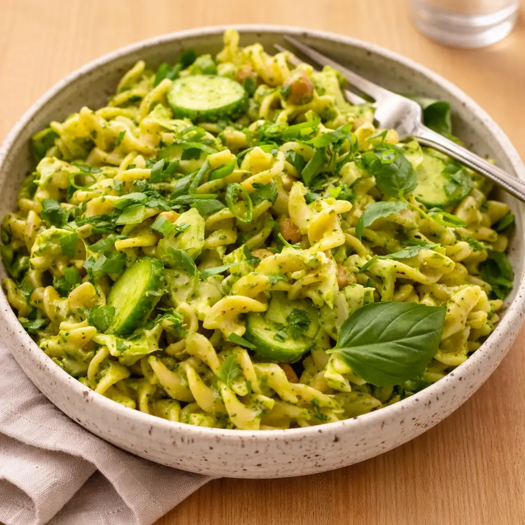 Fresh ingredients for 20 Minute Green Goddess Pasta Salad including avocado and basil.