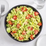 avocado pasta salad with lemon and tomatoes