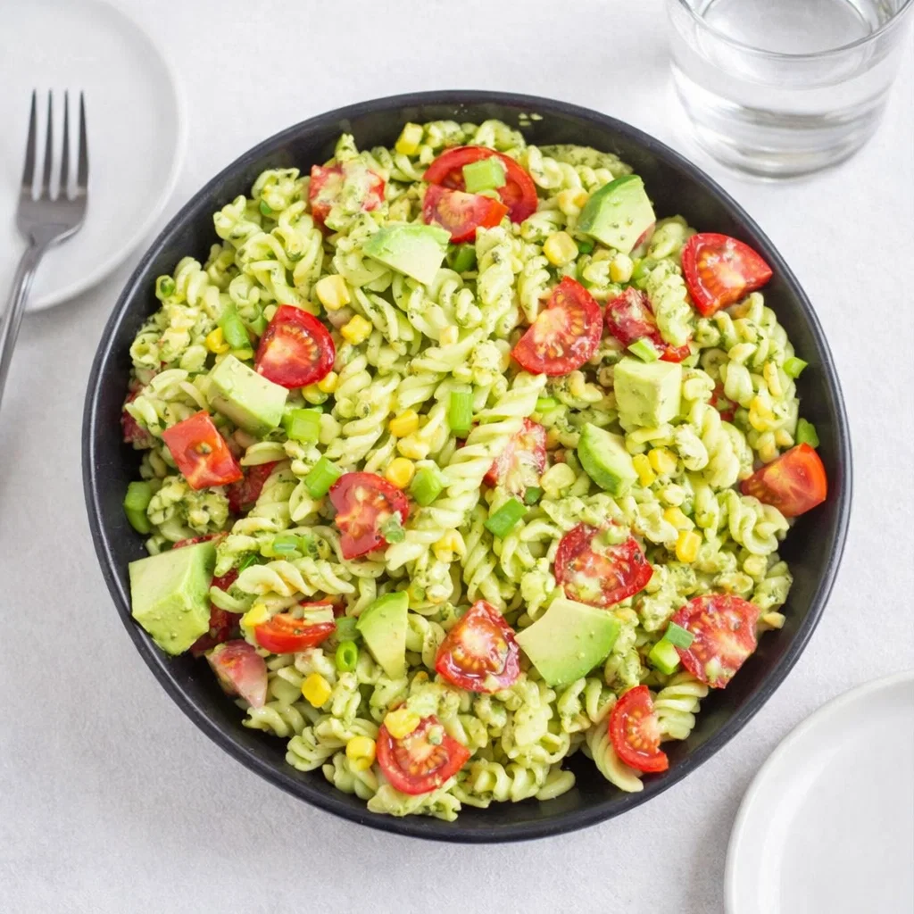 avocado pasta salad with lemon and tomatoes