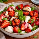A fresh Balsamic Strawberry Caprese Salad with glaze and basil.
