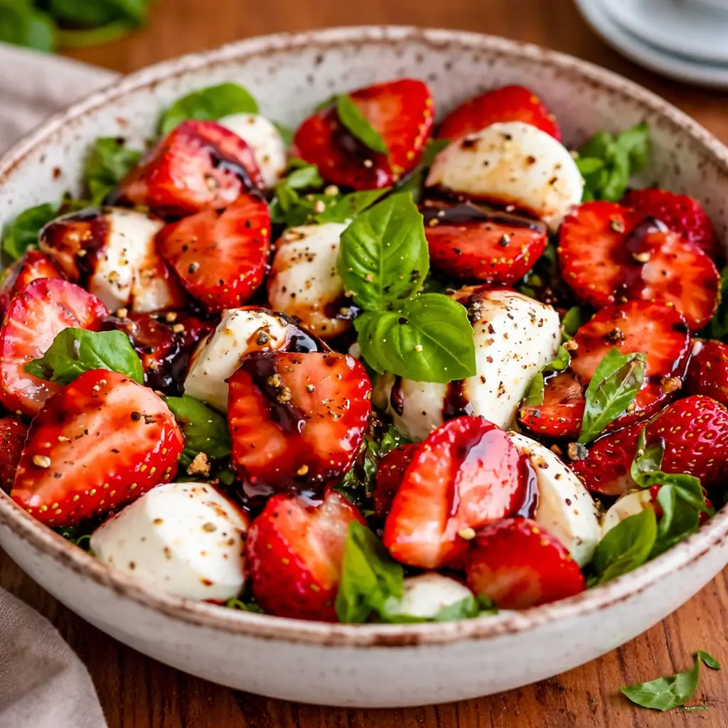 A fresh Balsamic Strawberry Caprese Salad with glaze and basil.