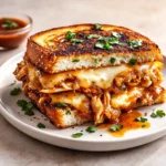 BBQ Chicken Grilled Cheese Sandwich with melting Havarti cheese on a wooden board.