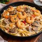 Blackened Shrimp Stroganoff over fettuccine pasta
