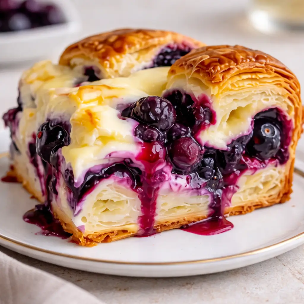 Golden brown Blueberry Cream Cheese Croissant Casserole in a white dish.