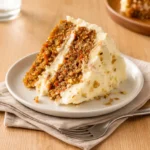 A tall Cheesecake Factory Carrot Cake with thick cream cheese frosting and walnuts.