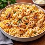 A steaming skillet of Cheesy Cajun Garlic Chicken Rotini Skillet on a wooden table.