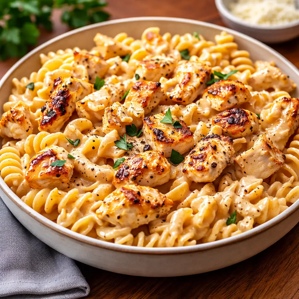 A steaming skillet of Cheesy Cajun Garlic Chicken Rotini Skillet on a wooden table.