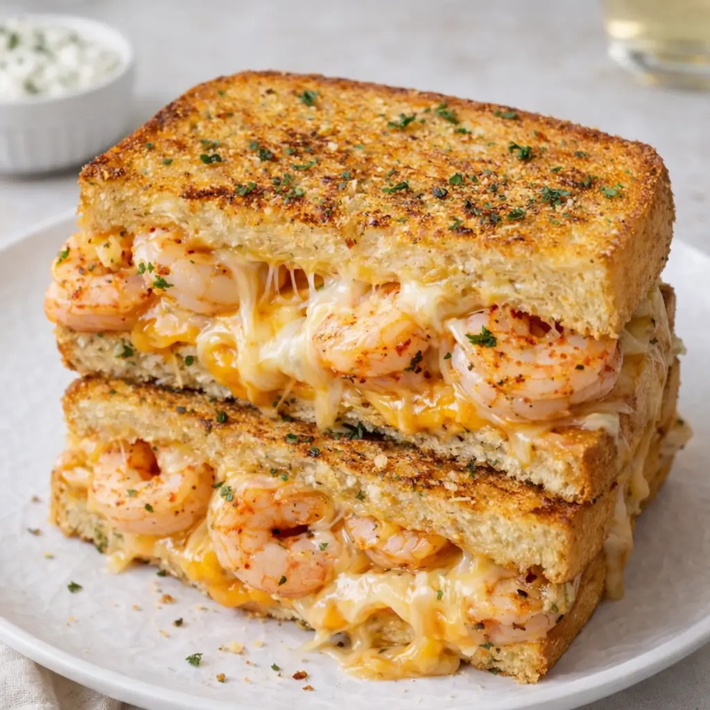 A delicious Cheesy Garlic Bread Shrimp Grilled Cheese with Monterey Jack sliced in half.
