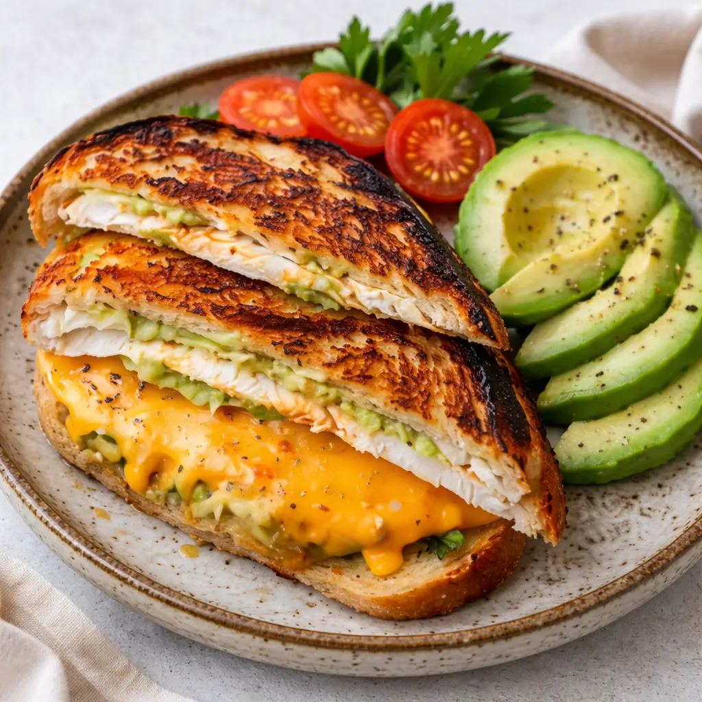A delicious Chicken Avocado Melt Sandwich with melted cheese and fresh avocado.