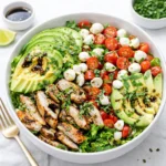 Fresh Chicken Caprese Salad with balsamic glaze and avocado