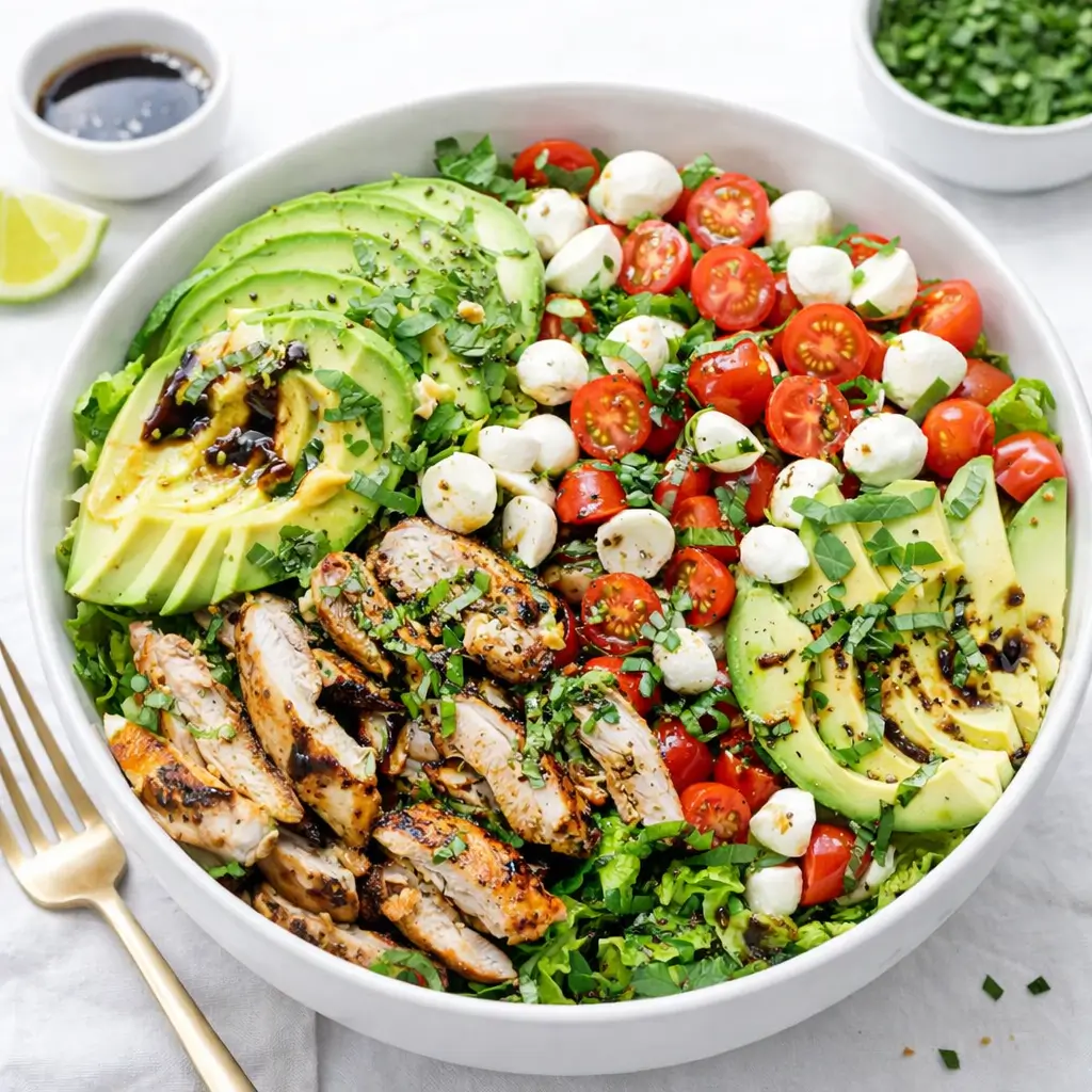 Fresh Chicken Caprese Salad with balsamic glaze and avocado