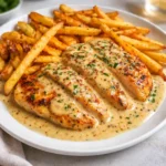 Chicken Fillet in Creamy Garlic Sauce served with golden fries on a white plate.