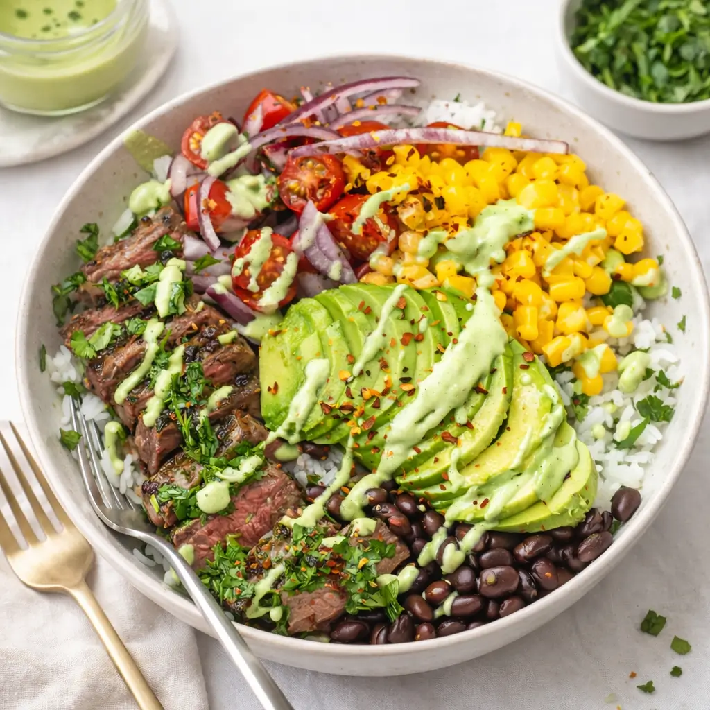 A delicious Cilantro Lime Steak and Rice Bowl with avocado and crema.