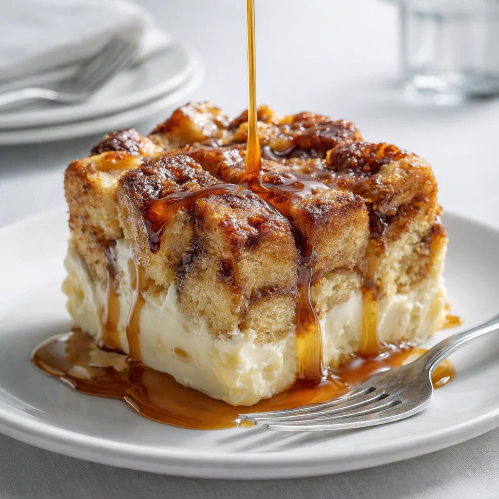 Cinnamon Toast Bread Pudding Caramel served warm with caramel drizzle