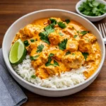 Creamy Coconut Chicken Rice Bowl with fresh cilantro and lime