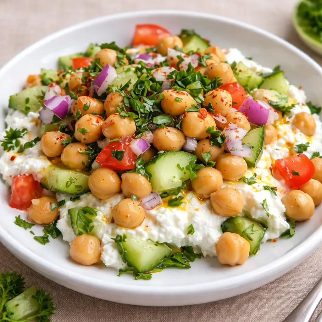 A vibrant Cottage Cheese and Chickpeas Salad in a white bowl on a marble counter.