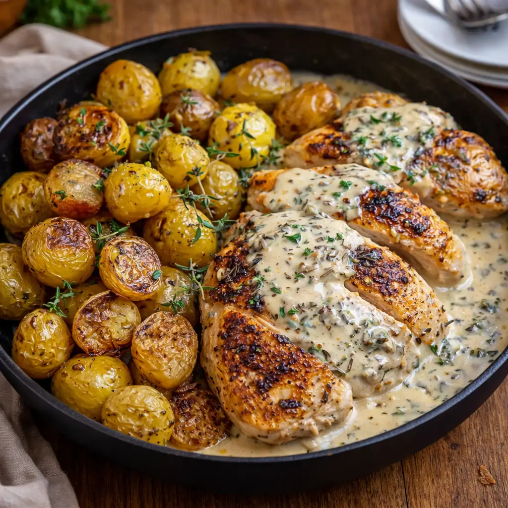 Creamy Garlic Chicken with Roasted Baby Potatoes served in a skillet
