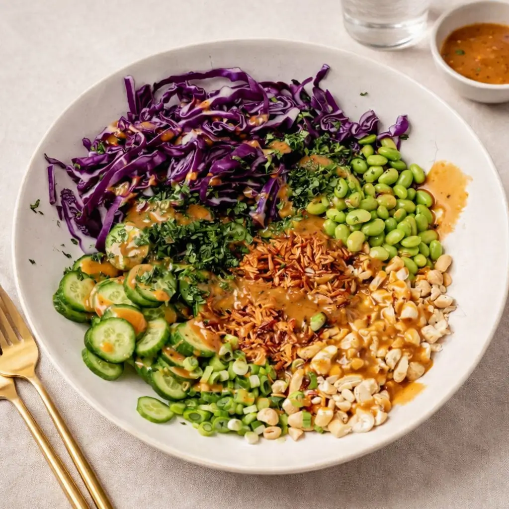 A bowl of Crispy Rice Salad with purple cabbage and edamame.