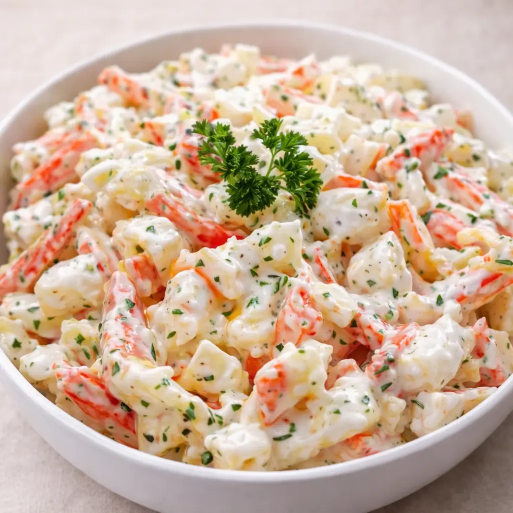 A bowl of delicious crab salad with fresh dill and lemon.