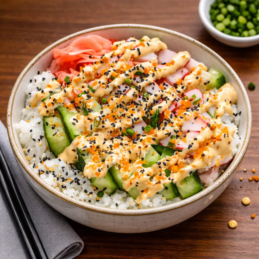 A vibrant Easy California Roll Sushi Bowl with avocado, crab, and cucumber.