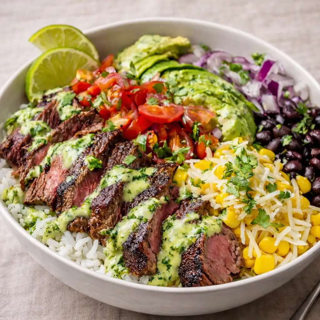 A colorful Easy Cilantro Lime Steak Bowl with grilled steak and avocado.