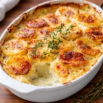 Easy Creamy Scalloped Potatoes in a ceramic baking dish with melted cheese.