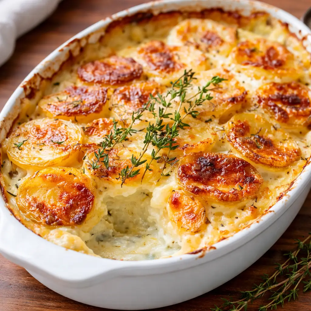 Easy Creamy Scalloped Potatoes in a ceramic baking dish with melted cheese.