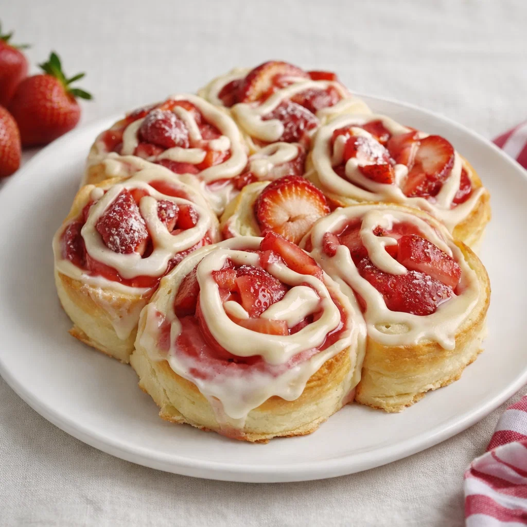 Easy Strawberry Cheesecake Sweet Rolls fresh from the oven with glaze