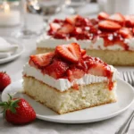 Easy Strawberry Shortcake Sheet Cake topped with fresh strawberries and whipped cream
