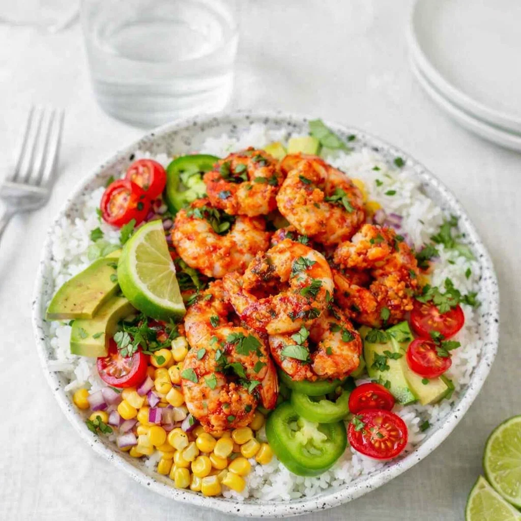 Fiesta Shrimp Bowl with rice, shrimp, avocado and corn