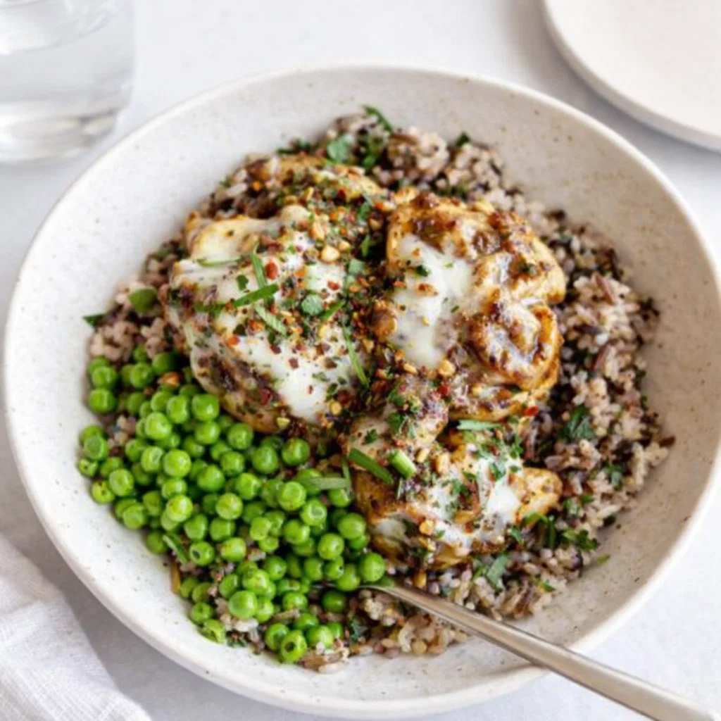 French Onion Chicken Bowls with caramelized onions and melted gruyere