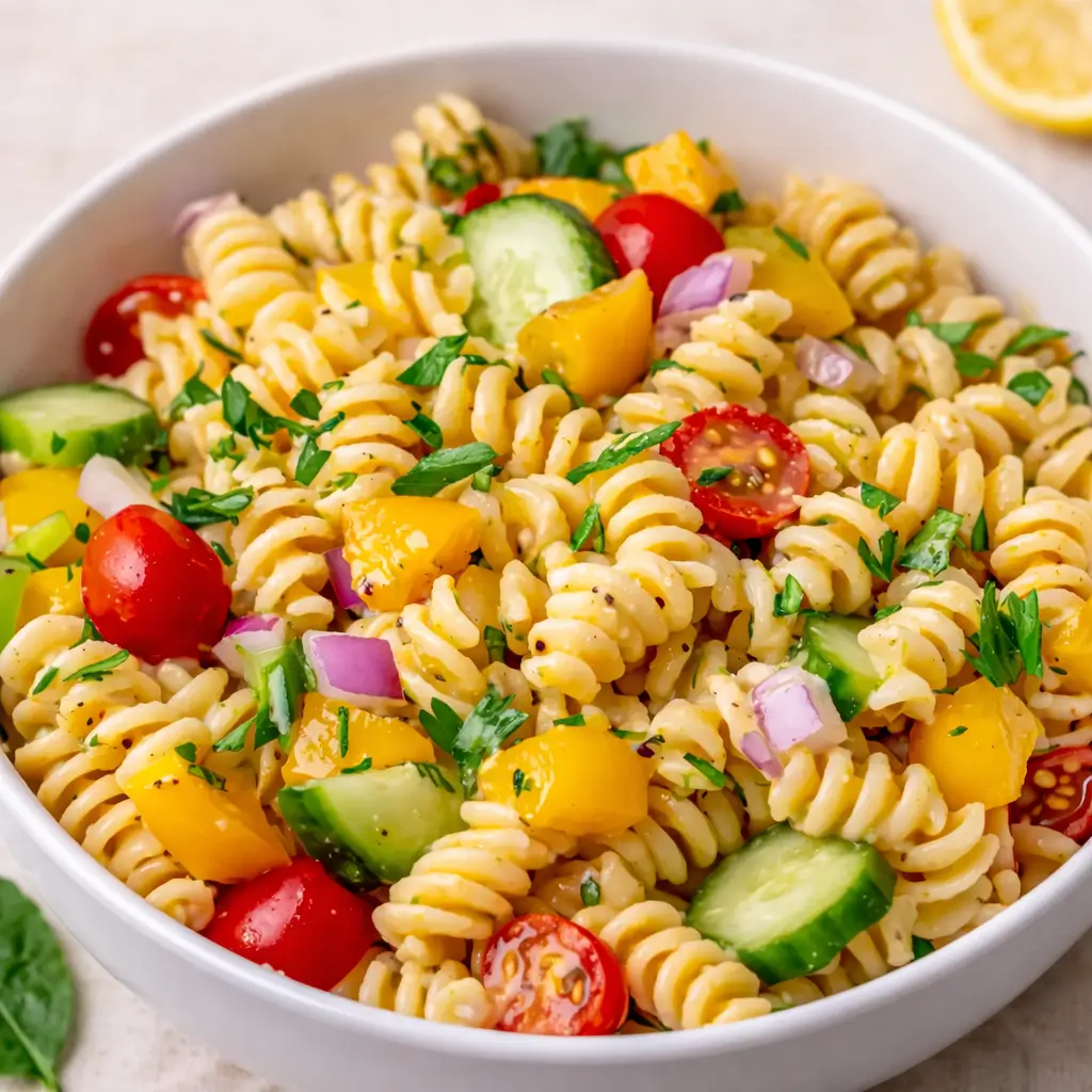 A large bowl of Fresh Classic Pasta Salad with colorful vegetables.