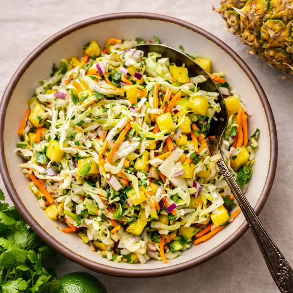 A bowl of fresh Pineapple Coleslaw on a wooden table