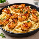 Garlic Butter Chicken Bites with Savory Creamy Parmesan Pasta in a bowl