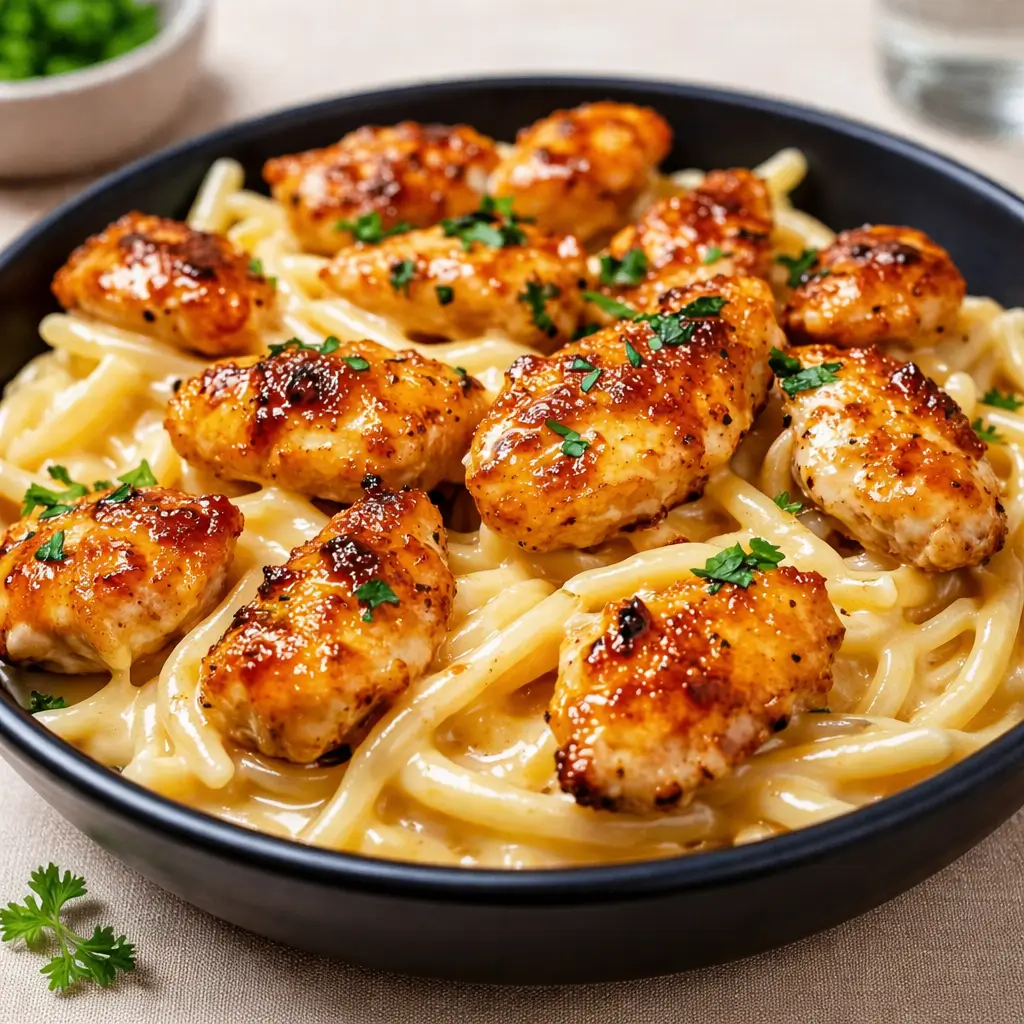 Garlic Butter Chicken Bites with Savory Creamy Parmesan Pasta in a bowl