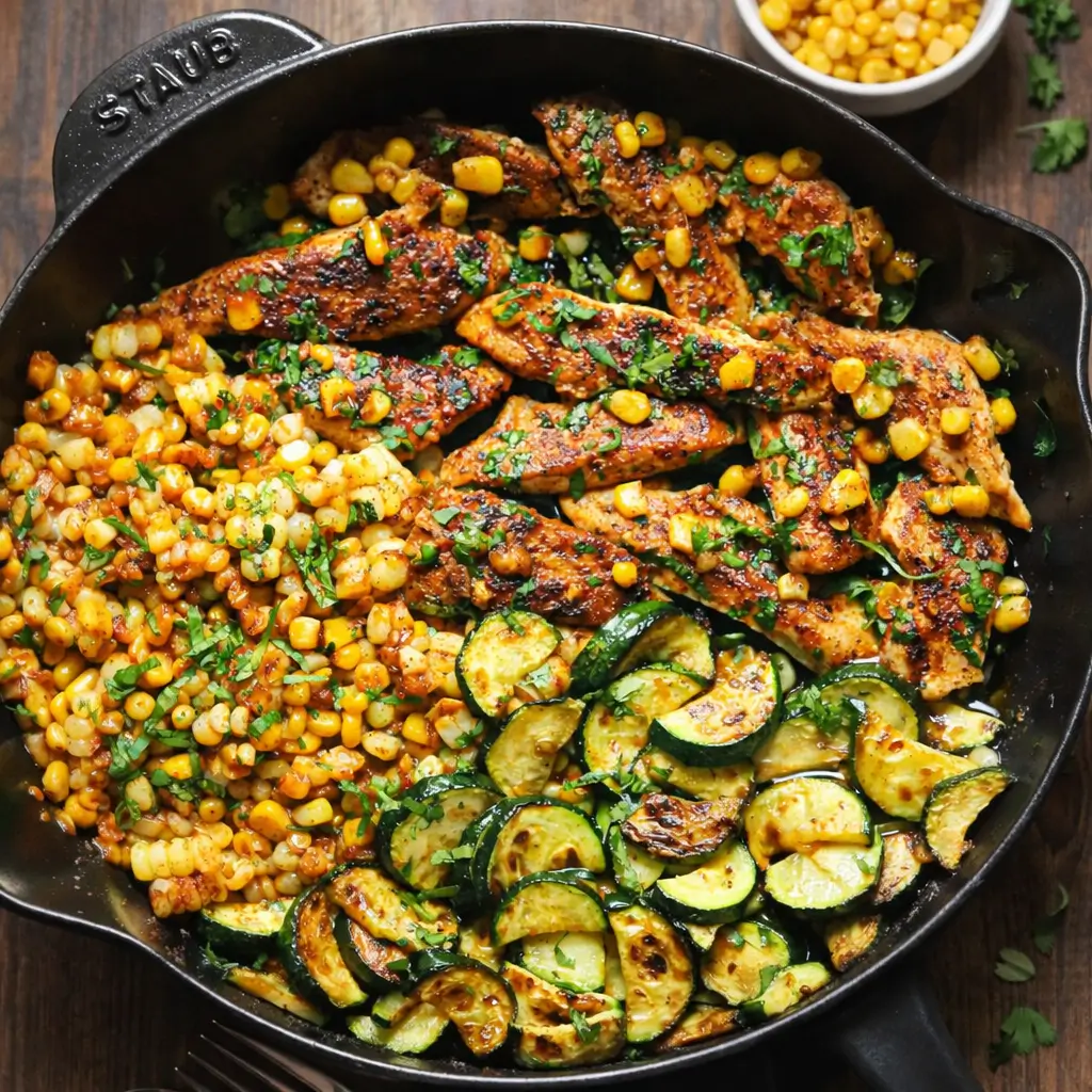 Garlic Butter Chicken with Zucchini and Corn in a cast iron skillet
