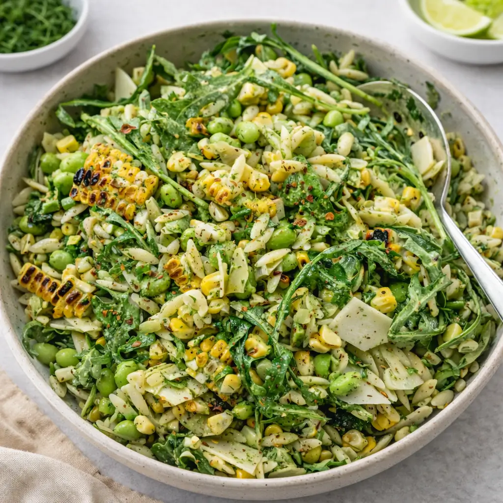 Grilled Corn Orzo Salad in a white bowl on a wooden table.