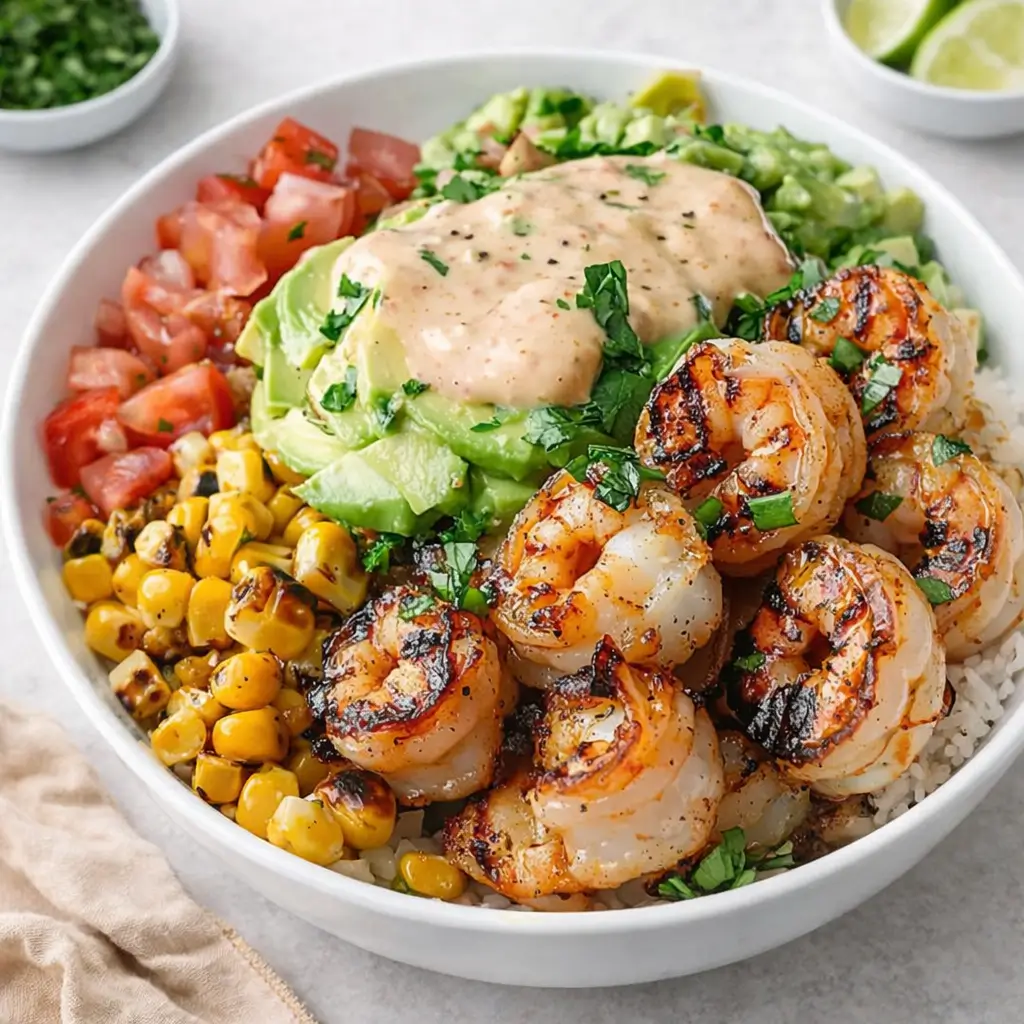 Grilled Shrimp Bowl with Avocado and Corn Salsa on a wooden table