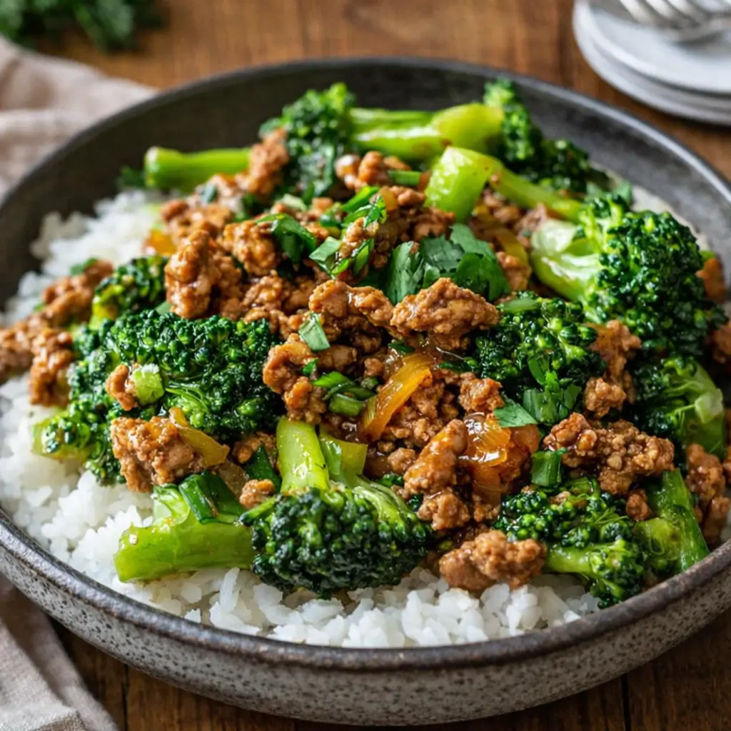 Ground Chicken & Broccoli Stir Fry in a hot wok garnished with green onions.