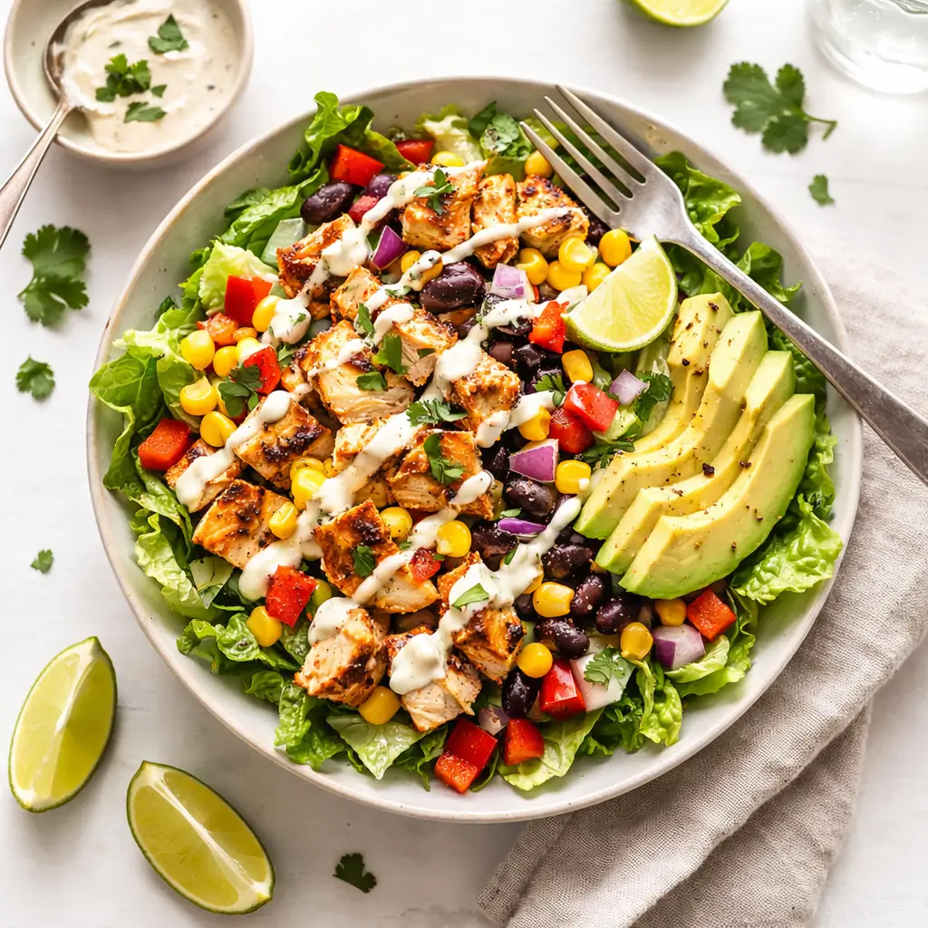 A delicious Honey Hot Chicken Salad topped with spicy glazed chicken and ranch dressing.