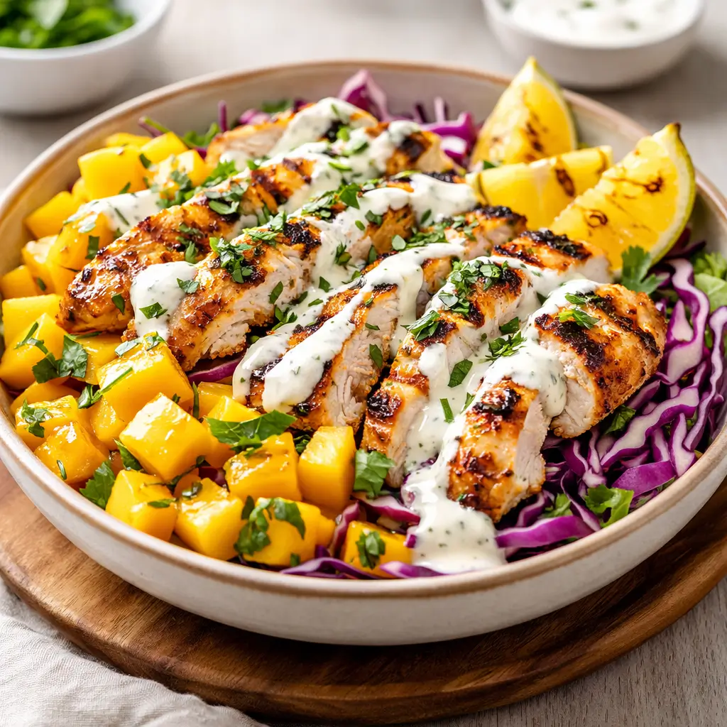 Jerk Chicken and Mango Slaw Bowls with Honey Lime Cream on a wooden table