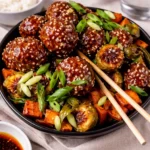Korean BBQ Meatballs and Vegetables on a sheet pan