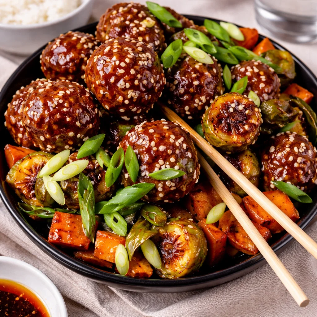Korean BBQ Meatballs and Vegetables on a sheet pan