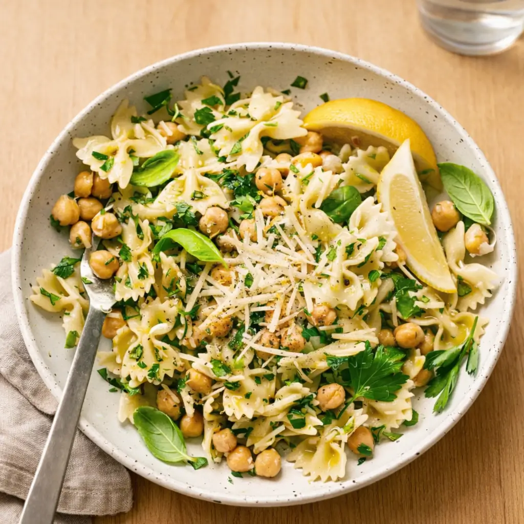 Lemon Herb Pasta Salad with Marinated Chickpeas in a ceramic bowl