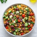 Mediterranean Chickpea Pasta Salad in white bowl with fresh vegetables