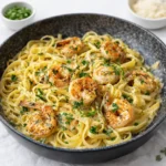 A bowl of Old Bay Garlic Shrimp Pasta with lemon and parsley.