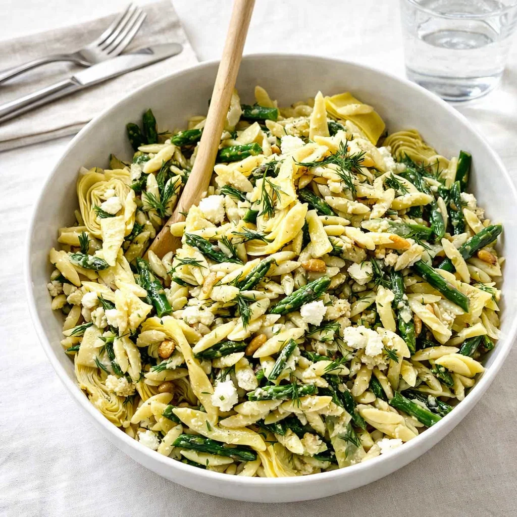 Orzo Salad with Asparagus in Mediterranean bowl